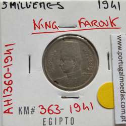 Egito 5 milésimos 1941 - 1360 Cupro-Niquel,  Egypt coin of 5 milliemes 1941 - 1360 Copper-Nickel, World Coins Egypt KM 363