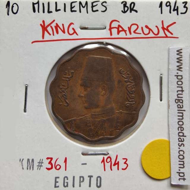 Egito 10 milésimos 1943 - 1362 Bronze,  Egypt coin of 10 milliemes 1943 - 1362 Bronze, World Coins Egypt KM 361