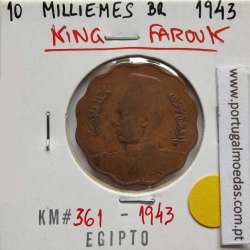 Egito 10 milésimos 1943 - 1362 Bronze,  Egypt coin of 10 milliemes 1943 - 1362 Bronze, World Coins Egypt KM 361