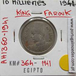Egito 10 milésimos 1941 - 1360 Cupro-Niquel,  Egypt coin of 10 milliemes 1941 - 1360 Copper-Nickel, World Coins Egypt KM 364