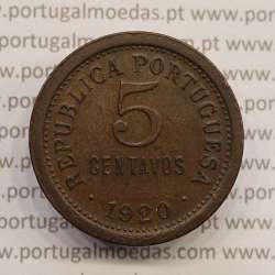 5 centavos 1920 Bronze, $05 centavos 1920 Republica Portuguesa, (MBC+/Bela-), World Coins Portugal  KM 569