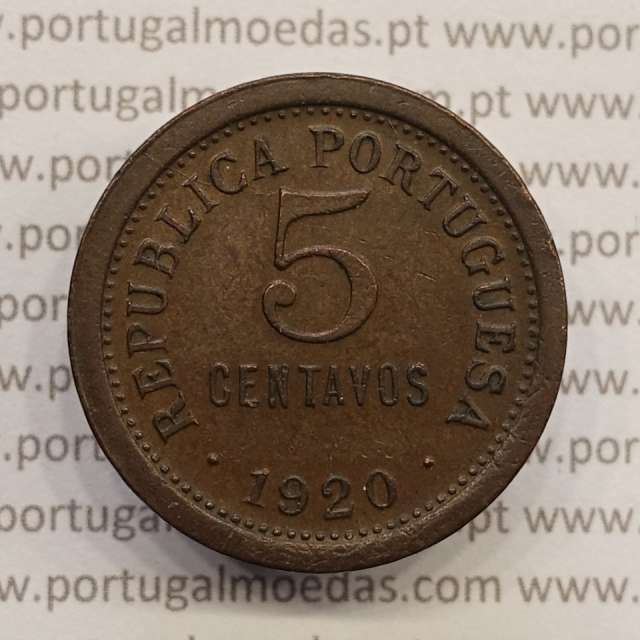 5 centavos 1920 Bronze, $05 centavos 1920 Republica Portuguesa, (MBC+/Bela-), World Coins Portugal  KM 569