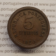 5 centavos 1920 Bronze, $05 centavos 1920 Republica Portuguesa, (MBC+/Bela-), World Coins Portugal  KM 569