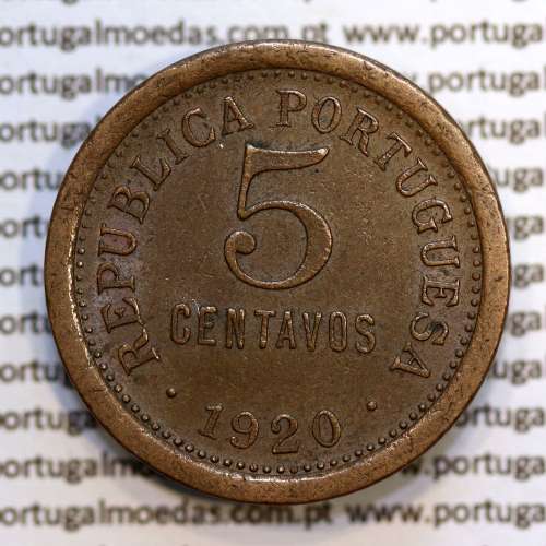 5 centavos 1920 Bronze, $05 centavos 1920 Republica Portuguesa, (MBC), World Coins Portugal  KM 569