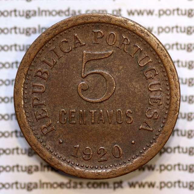 5 centavos 1920 Bronze, $05 centavos 1920 Republica Portuguesa, (MBC+), World Coins Portugal  KM 569