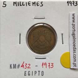Egito 5 milésimos 1973 - 1393 Latão,  Egypt coin of 5 milliemes 1973 - 1393 Brass, World Coins Egypt KM 432