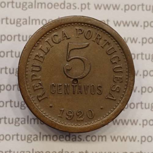 5 centavos 1920 Bronze, $05 centavos 1920 Republica Portuguesa, (MBC),World Coins Portugal  KM 569