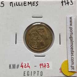 Egito 5 milésimos 1973 - 1393 latão,  Egypt coin of 5 milliemes 1973 - 1393 Brass,  World Coins Egypt KM 434