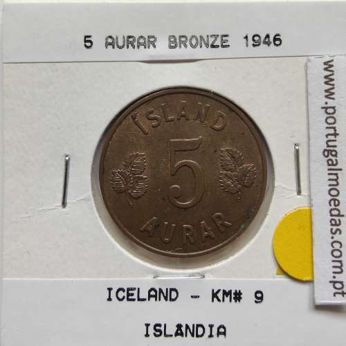 Islândia 5 Aurar 1946 Bronze, World Coins Iceland KM 9, coin of 5 Aurar 1946 bronze