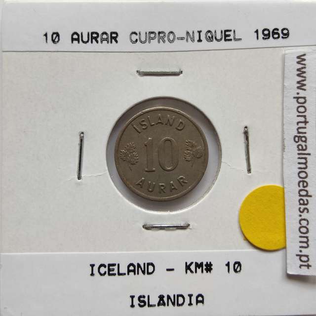Islândia 10 Aurar 1969 Cupro-níquel, World Coins Iceland KM 10, coin of 10 Aurar 1969