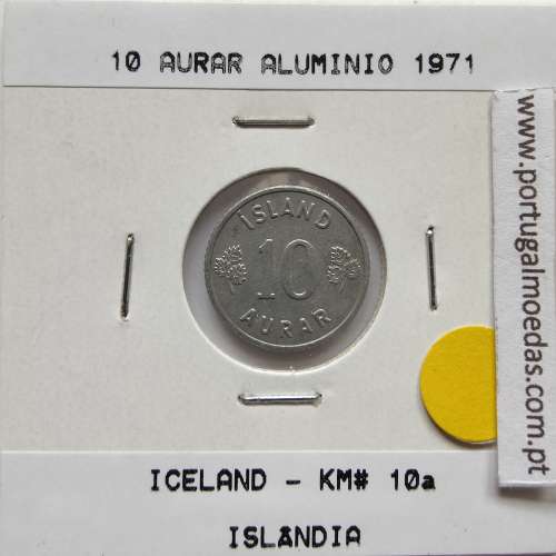Islândia 10 Aurar 1971 Alumínio, World Coins Iceland KM 10, coin of 10 Aurar 1971 Aluminium