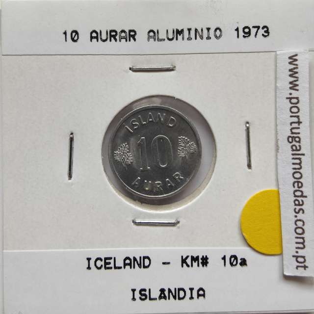 Islândia 10 Aurar 1973 Alumínio, World Coins Iceland KM 10, coin of 10 Aurar 1973 Aluminium