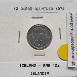 Islândia 10 Aurar 1974 Alumínio, World Coins Iceland KM 10, coin of 10 Aurar 1974 Aluminium