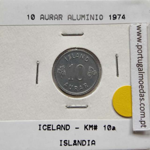 Islândia 10 Aurar 1974 Alumínio, World Coins Iceland KM 10, coin of 10 Aurar 1974 Aluminium