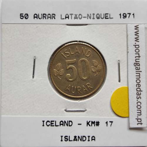 Islândia 50 Aurar 1971 Latão-níquel, World Coins Iceland KM 17, coin of 50 Aurar 1971 Nickel brass