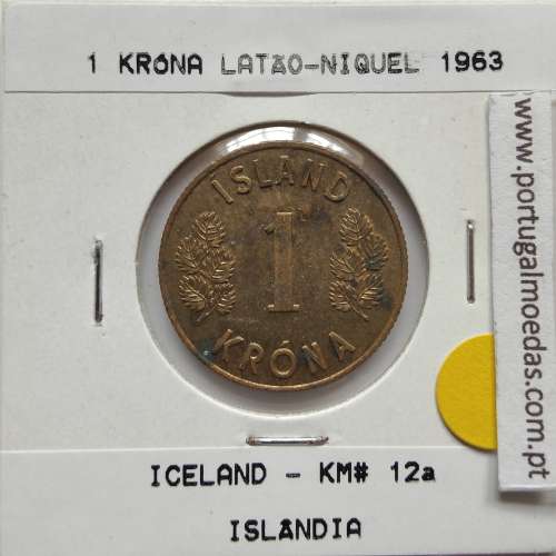 Islândia 1 Króna 1963 Latão-níquel, World Coins Iceland KM 12, coin of 1 króna 1963 Nickel brass