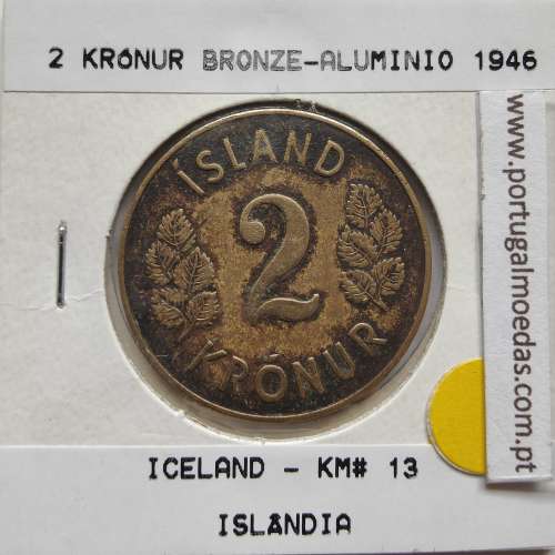 Islândia 2 Krónur 1946 Bronze-Alumínio, World Coins Iceland KM 13, coin of 1 króna 1946 Aluminium-bronze