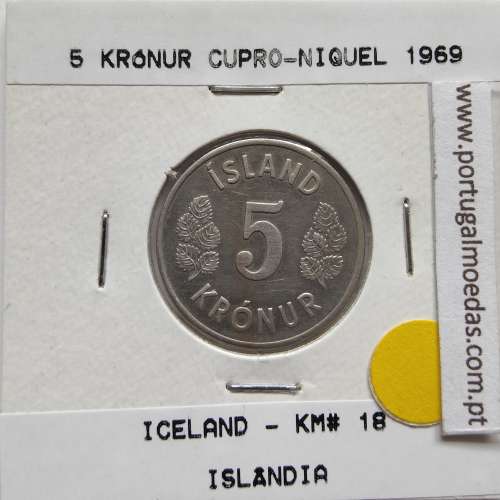 Islândia 5 Krónur 1969 Cupro-níquel, World Coins Iceland KM 18, coin of 5 krónur 1969 Copper-nickel