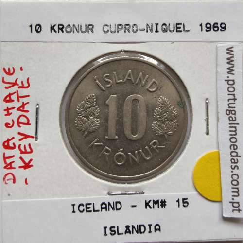 Islândia 10 Krónur 1969 Cupro-níquel, World Coins Iceland KM 15, coin of 10 krónur 1969 Copper-nickel