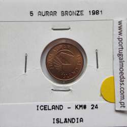 Islândia 5 Aurar 1981 Bronze, World Coins Iceland KM 24, coin of 5 Aurar 1981 bronze
