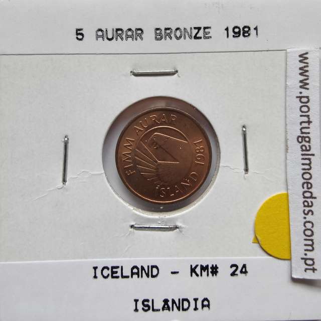 Islândia 5 Aurar 1981 Bronze, World Coins Iceland KM 24, coin of 5 Aurar 1981 bronze