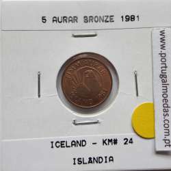 Islândia 5 Aurar 1981 Bronze, World Coins Iceland KM 24, coin of 5 Aurar 1981 bronze