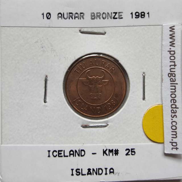 Islândia 10 Aurar 1981 Bronze, World Coins Iceland KM 25, coin of 10 Aurar 1981 bronze