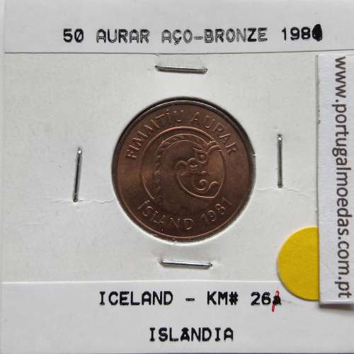 Islândia 10 Aurar 1981 Bronze, World Coins Iceland KM 25, coin of 10 Aurar 1981 bronze