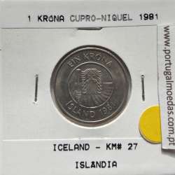 Islândia 1 Krónur 1981 Cupro-níquel, World Coins Iceland KM 27, coin of 1 krónur 1981 Copper-nickel