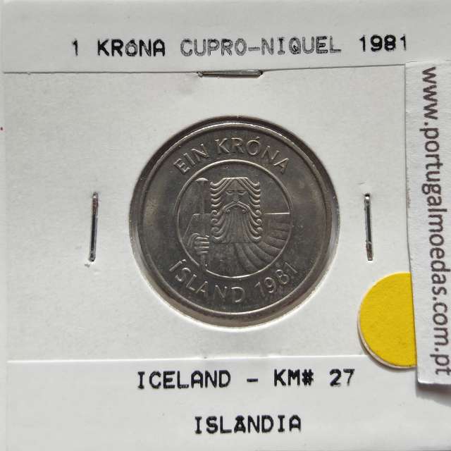 Islândia 1 Krónur 1981 Cupro-níquel, World Coins Iceland KM 27, coin of 1 krónur 1981 Copper-nickel