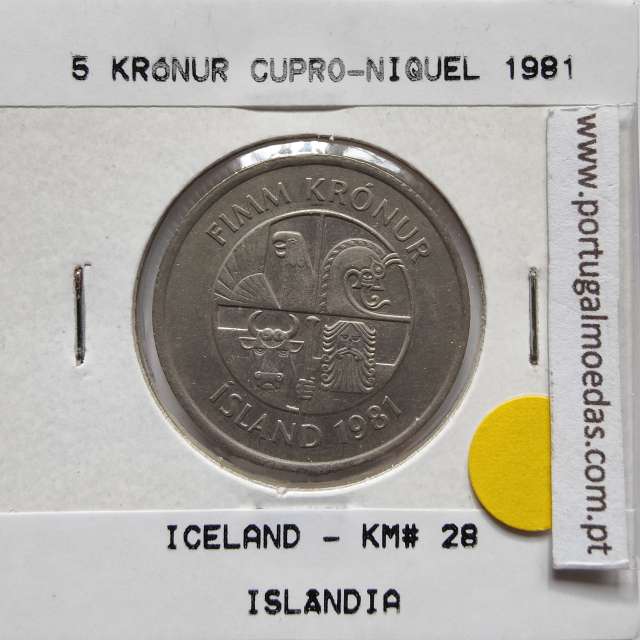 Islândia 5 Krónur 1981 Cupro-níquel, World Coins Iceland KM 28, coin of 5 krónur 1981 Copper-nickel