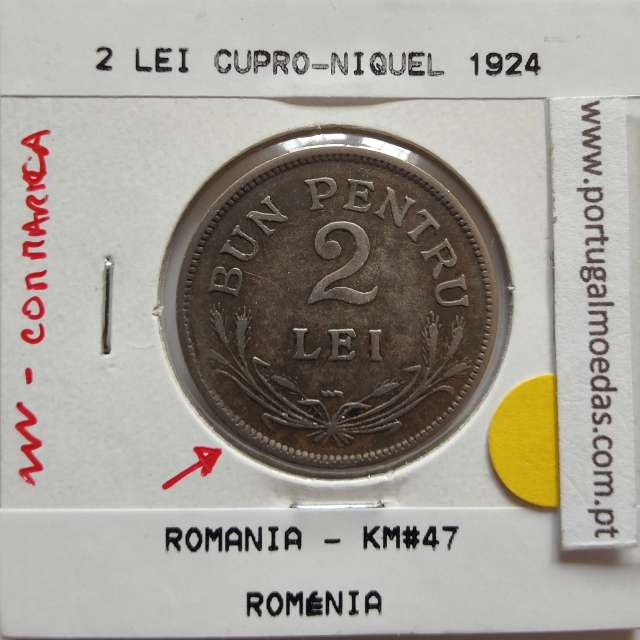Roménia 2 Lei 1924 cuproníquel, World Coins Romania KM 47, coin of 2 lei 1924 Copper-nickel