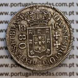Brasil, rare silver coin of 80 Réis 1816 D. João Príncipe Regente de Portugal, 4 vinténs silver 1816 "R" Rio, Brazil KM305