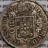 80 Réis 1816 Prata D. João Príncipe Regente (Brasil), 4 vinténs prata 1816 "R" Rio, World Coins Brasil KM 305