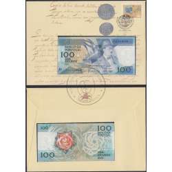 Sobrescito 1º Dia c/ Nota de 100 Escudos 1987 - Prefixo FIL - "100$00 1987 Ch.9 Fernando Pessoa - Banco de Portugal (12/02/1987)