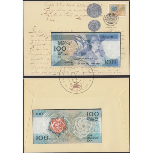 Sobrescito 1º Dia c/ Nota de 100 Escudos 1987 - Prefixo FIL - "100$00 1987 Ch.9 Fernando Pessoa - Banco de Portugal (12/02/1987)