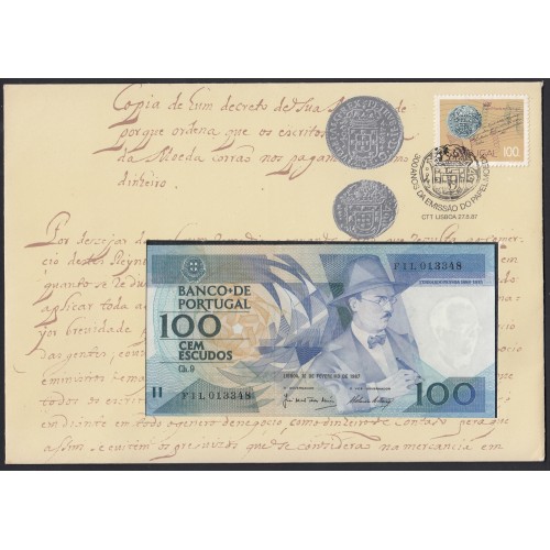 Sobrescito 1º Dia c/ Nota de 100 Escudos 1987 - Prefixo FIL - "100$00 1987 Ch.9 Fernando Pessoa - Banco de Portugal (12/02/1987)