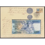 Sobrescito 1º Dia c/ Nota de 100 Escudos 1987 - Prefixo FIL - "100$00 1987 Ch.9 Fernando Pessoa - Banco de Portugal (12/02/1987)