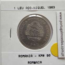 Roménia 1 Leu1963 Aço-níquel, World Coins Romania KM 90, coin of 1 leu 1963 Nickel clad steel