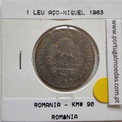 Roménia 1 Leu1963 Aço-níquel, World Coins Romania KM 90, coin of 1 leu 1963 Nickel clad steel