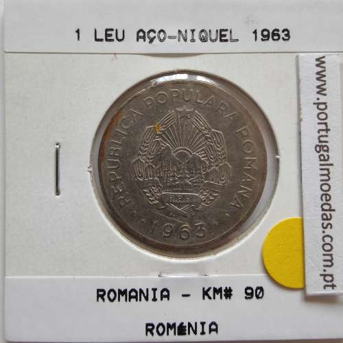 Roménia 1 Leu 1963 Aço-níquel, World Coins Romania KM 90, coin of 1 leu 1963 Nickel clad steel