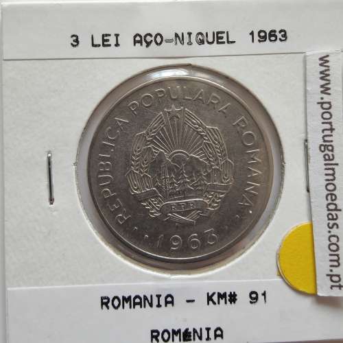 Roménia 3 Leu 1963 Aço-níquel, World Coins Romania KM 91, coin of 3 leu 1963 Nickel clad steel