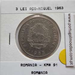 Roménia 3 Lei 1963 Aço-níquel, World Coins Romania KM 91, coin of 3 lei 1963 Nickel clad steel