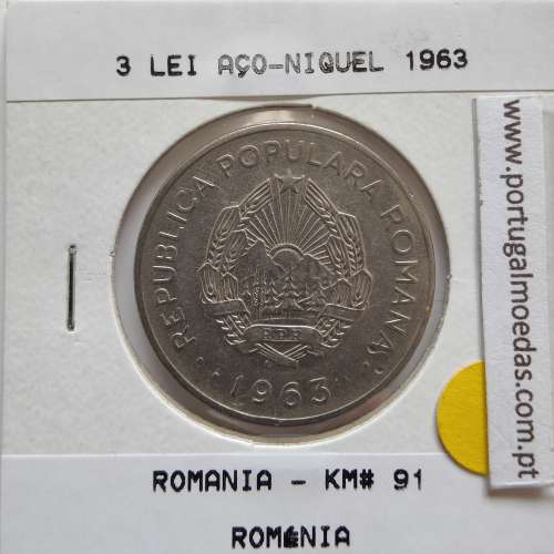 Roménia 3 Leu 1963 Aço-níquel, World Coins Romania KM 91, coin of 3 leu 1963 Nickel clad steel