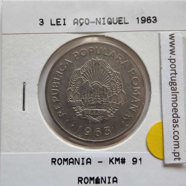 Roménia 3 Lei 1963 Aço-níquel, World Coins Romania KM 91, coin of 3 lei 1963 Nickel clad steel