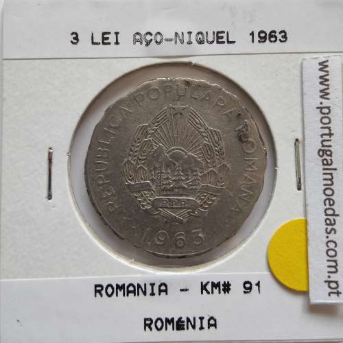 Roménia 3 Lei 1963 Aço-níquel, World Coins Romania KM 91, coin of 3 lei 1963 Nickel clad steel