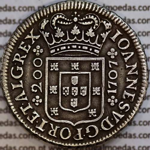 Portugal, silver coin of 12 Vinténs (240 Réis), dated 1707,  Lisbon mint, World Coins Portugal KM181, scarce in high grade 4