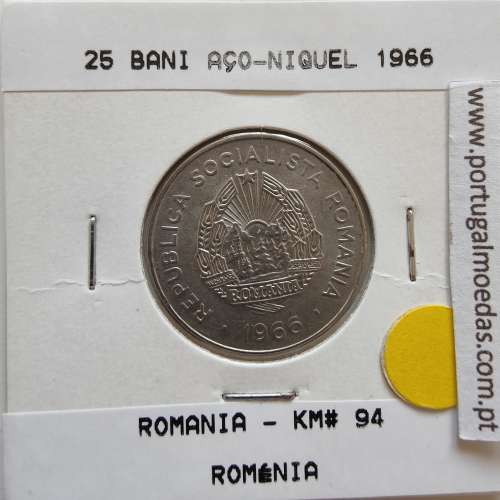 Roménia 25 Bani 1966 Aço-níquel, World Coins Romania KM 94, coin of 25 bani 1966 Nickel clad steel