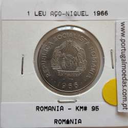 Roménia 1 Leu 1966 Aço-níquel, World Coins Romania KM 95, coin of 1 leu 1966 Nickel clad steel
