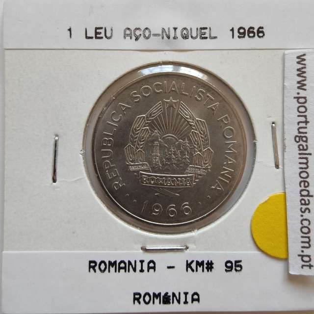 Roménia 1 Leu 1966 Aço-níquel, World Coins Romania KM 95, coin of 1 leu 1966 Nickel clad steel